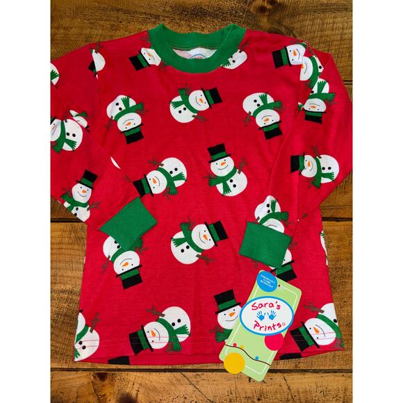 NEW Sara’s Prints Kids Red Green Snowman 2 Piece Pajama Set Flame Resistant 5 - Picture 2 of 6